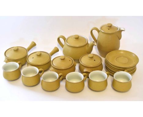 Denby ware tea pot and coffee service decorated in typical glazes, comprising six cups and saucers, tea pot, milk jug, sugar 