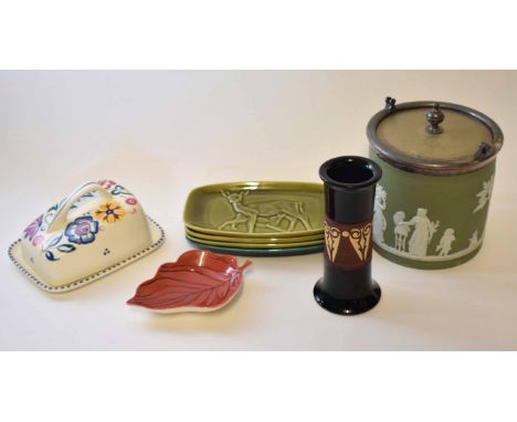 Group of ceramics including a Poole Pottery cheese dish and cover, and a Wedgwood biscuit barrel with green ground and white 