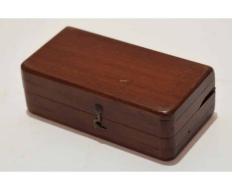 Mahogany and boxwood line inlaid travelling chess set of hinged form with chequerboard inlaid playing field, black and natura