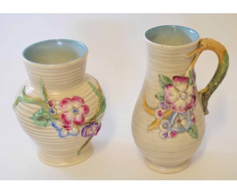 Group of Clarice Cliff My Garden wares including a vase and ewer with handle, ewer 21cm high  