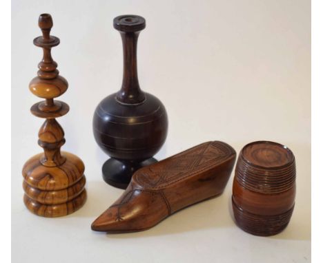 Mixed Lot: Scandinavian carved snuff box modelled in the form of a shoe, together with a ring turned barrel and two further r