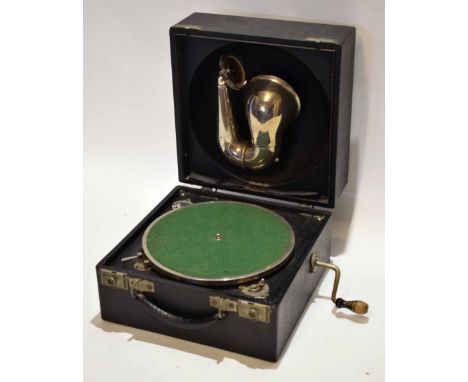 Mid-20th century portable record player "Soundbox Telesmatic for Decca "The Portable"", the black finished square case with h