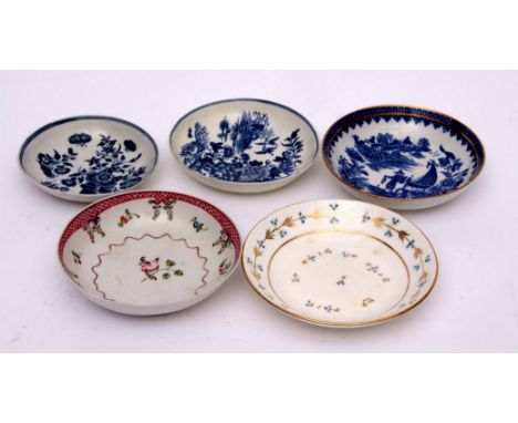 Group of 18th century English porcelain saucers including two Worcester saucers, a Caughley saucer in fisherman pattern and a