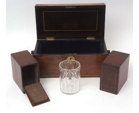 19th century mahogany tea caddy of rectangular form, altered interior with two lidded boxes and mixing bowls, applied on eith