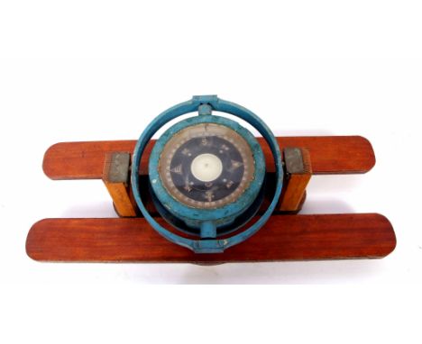 Mid-20th century gimballed marine compass, the blue finished frame and gimbal mount in a later frame to a fluid filled reserv