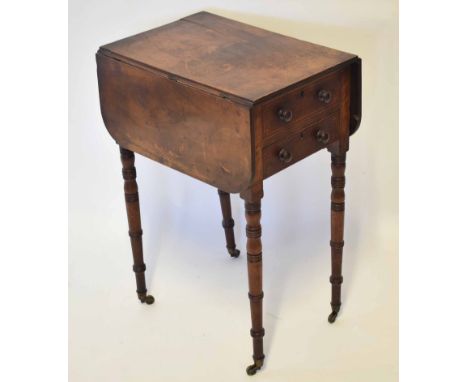 19th century mahogany work table, two drop flaps, typically fitted on either side with drawers and dummy drawers on ring turn