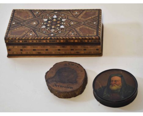 Mixed Lot: marquetry inlaid box of Middle Eastern rectangular form together with an olive wood coaster and a papier mache cir