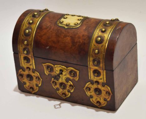 19th century burr walnut and engraved brass workbox, modelled in the form of a dome top trunk set with a vacant cartouche to 