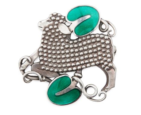 ARNO MALINOWSKI (1899-1976) FOR GEORG JENSEN SILVER AND ENAMEL BROOCH, MARKS FOR 1933-44worked as a lamb with two enamelled g