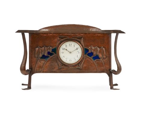 ATTRIBUTED TO GEORGE WALTON FOR GOODYERS, LONDON ARTS &amp; CRAFTS MANTEL CLOCK, CIRCA 1900copper and enamel, stamped maker's