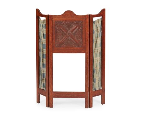 ARTHUR W. SIMPSON (1857-1922), KENDAL ARTS &amp; CRAFTS OAK TRIPTYCH FIRESCREEN, CIRCA 1900carved with characteristic stylise
