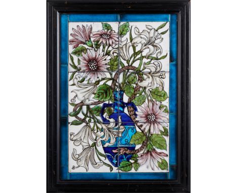 WILLIAM DE MORGAN (1839-1917) ARTS &amp; CRAFTS SIX-TILE PANEL, CIRCA 1880the tiles painted with a vase of flowers entwined b