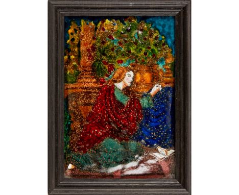 ENGLISH SCHOOL, AFTER WILLIAM HOLMAN HUNT ARTS &amp; CRAFTS FRAMED ENAMEL PLAQUEdepicting Isabella and a pot of Basil, framed