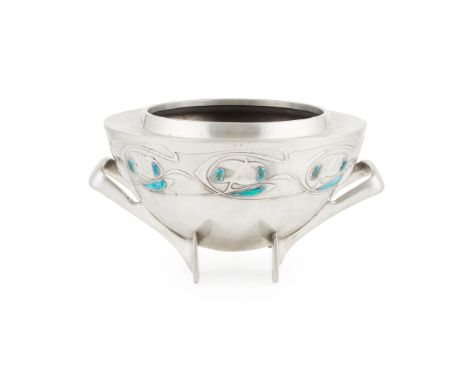 ARCHIBALD KNOX (1899-1933) FOR LIBERTY &amp; CO., LONDON 'TUDRIC' PEWTER AND ENAMEL-SET ROSE BOWL,with supporting handles for