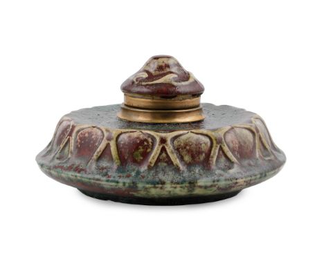 ADRIEN DALPAYRAT (1844-1910) HIGH-FIRED CERAMIC INKWELL, CIRCA 1900of circular form with moulded decoration, covered in a San