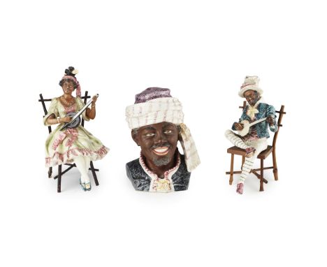 AUSTRIAN SCHOOL GROUP OF CHARACTER WARES, CIRCA 1900to include a PAIR OF MUSICIANS, each modelled on chairs, comprising a lad