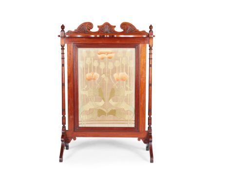 ENGLISH SCHOOL ARTS &amp; CRAFTS MAHOGANY FRAMED FIRESCREEN, CIRCA 1900with inset embroidered silkwork panel depicting poppie