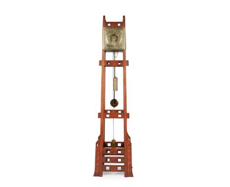 SCOTTISH CELTIC REVIVAL ARTS &amp; CRAFTS STANDING CLOCK, CIRCA 1920brass and oak, with repoussé-decorated dial and pendulum 