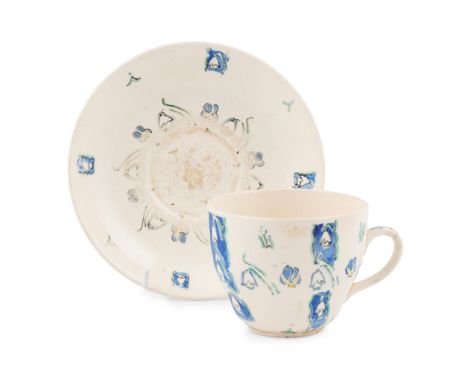 JESSIE MARION KING (1875-1949) GROUP OF HAND-PAINTED CERAMICS, CIRCA 1940comprising a LARGE CUP AND SAUCER painted with flowe