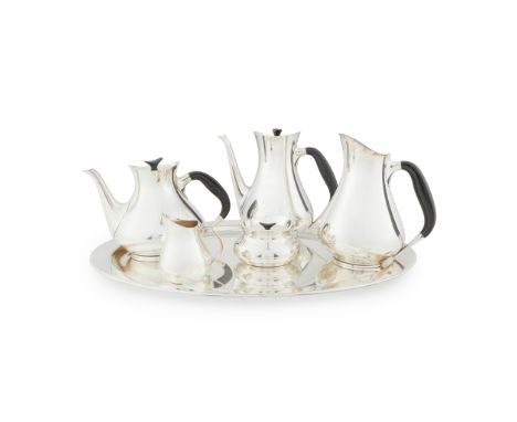 HANS BUNDE (1919–1996) FOR COHR, DENMARK SILVER PLATE TEA AND COFFEE SERVICE, 1950Scomprising a COFFEE POT, 19.5cm high; HOT 