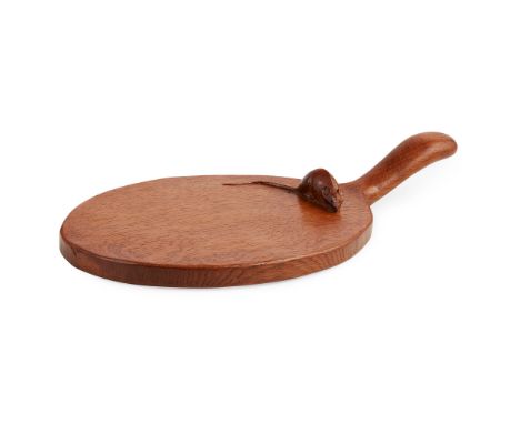 ROBERT 'MOUSEMAN' THOMPSON (1876-1955) OAK CHEESE BOARD, 1940S-50Sof oval form with adzed surface and carved mouse signature(