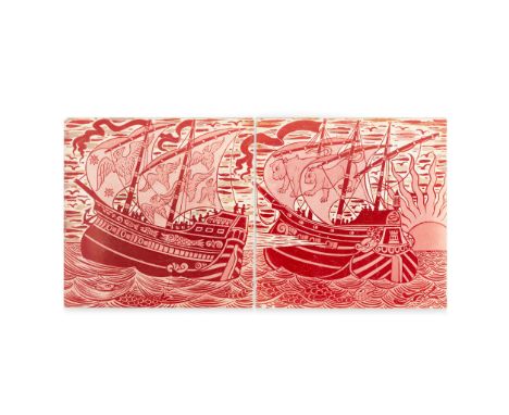 WILLIAM DE MORGAN (1839-1917)   PAIR OF RUBY LUSTRE 8 INCH TILES, CIRCA 1890depicting fighting ships and sea creatures(20.5cm