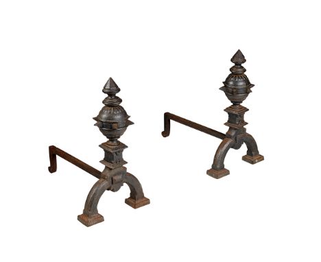 ENGLISH SCHOOL PAIR OF GOTHIC REVIVAL CAST IRON FIRE DOGS, CIRCA 1870with spiked knop finial on curved chamfered supports, 52