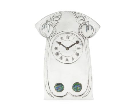 ARCHIBALD KNOX (1864-1933) FOR LIBERTY &amp; CO., LONDON 'TUDRIC' PEWTER AND ENAMEL MANTEL CLOCK, CIRCAof arched rectangular 