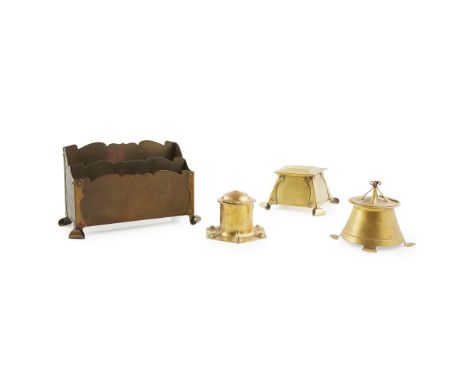 ENGLISH SCHOOL GROUP OF ARTS &amp; CRAFTS BRASS DESK WARES, CIRCA 1900to include a JESSON, BIRKETT &amp; CO. BRASS INKWELL, s