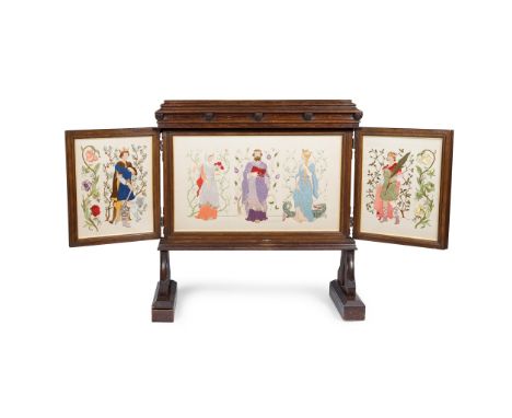 ENGLISH SCHOOL ARTS &amp; CRAFTS OAK-FRAMED TRIPTYCH, CIRCA 1910the moulded top with carved leaf bosses, bearing each with le