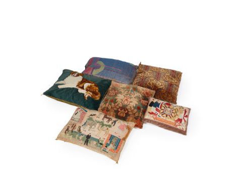 UNKNOWN MAKERS GROUP OF SIX CUSHIONScomprising a PLUSH CUSHION, with design of a St Bernard dog on a velvet ground, 60cm x 43