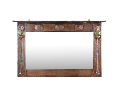 ATTRIBUTED TO GOODYERS, LONDON ARTS &amp; CRAFTS OVERMANTEL MIRROR, CIRCA 1900copper and enamel, with repoussé decoration and