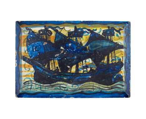 JOHN PEARSON (1859-1930) ARTS &amp; CRAFTS PAINTED CERAMIC TILE, CIRCA 1900painted in blue, yellow and green, depicting a gal