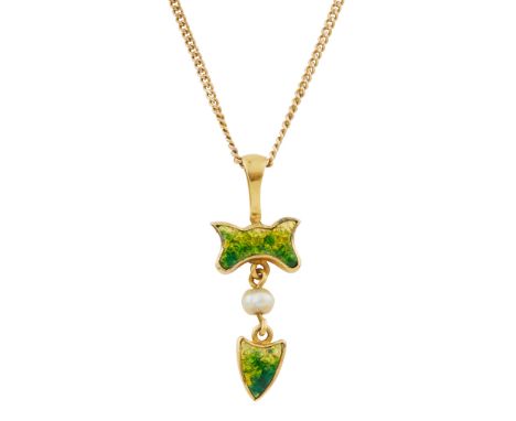 JAMES CROMAR WATT (1862-1940) GOLD &amp; ENAMEL PENDANT, CIRCA 1905the bow-shaped enamel panel in iridescent shades of green/