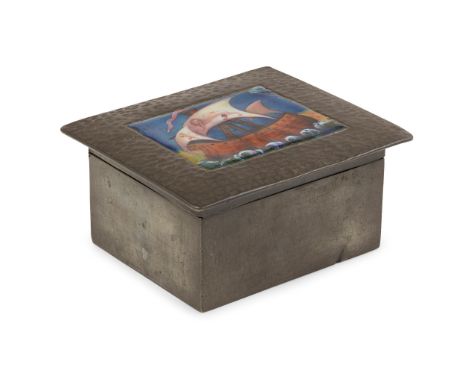 W.H.HASELER FOR LIBERTY &amp; CO. LONDON PEWTER &amp; ENAMEL BOX, CIRCA 1907with planished finish, the lid set with an enamel