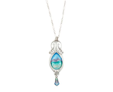 ENGLISH SCHOOL ART NOUVEAU SILVER AND ENAMEL, PENDANT, CIRCA 1910worked as a stylised plant form, inset with teardrop enamel 