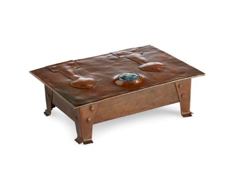 ENGLISH SCHOOL ARTS &amp; CRAFTS COPPER AND ENAMEL BOX, CIRCA 1900with hammered finish and applied decorative hinges, the lid