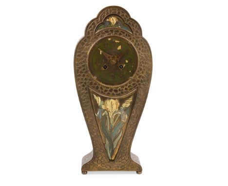 CONTINENTAL SCHOOL ART NOUVEAU PATINATED BRASS AND ENAMEL MANTEL CLOCK, CIRCA 1910the twin-train movement striking on a bell,