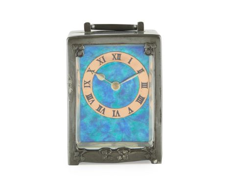 ARCHIBALD KNOX (1864-1933) FOR LIBERTY &amp; CO., LONDON 'TUDRIC' PEWTER AND ENAMEL CARRIAGE CLOCK,the rectangular case with 