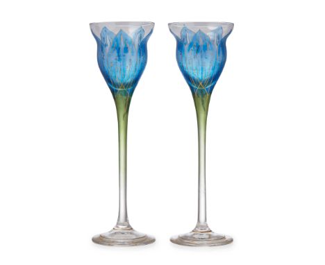 THERESIENTHAL PAIR OF JUGENDSTIL 'FLOWER FORM' LIQUEUR GLASSES, CIRCA 1900each with clear bowls painted with a flower head in
