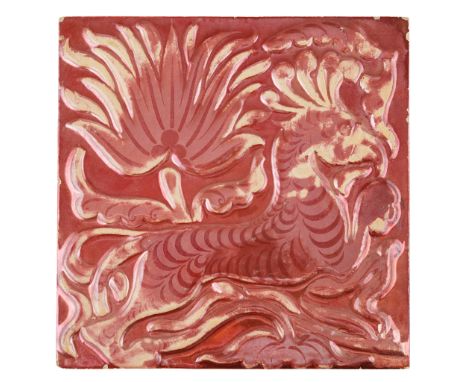 ATTRIBUTED TO HASLEY RICARDO FOR WILLIAM DE MORGAN ARTS &amp; CRAFTS 9-INCH RUBY LUSTRE RELIEF TILE,moulded as a fantastic be