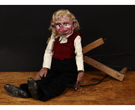 Puppetry and The Art of Performance - an early to mid-20th century marionette string puppet, the painted papier-mâché head wi