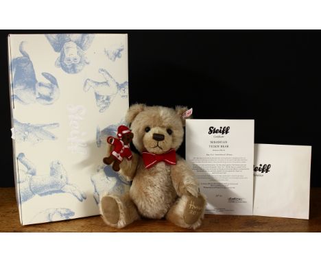 Steiff (Germany) EAN 663727 Sebastian 2013 teddy bear, exclusive to Harrods, trademark Steiff button to ear with red and whit