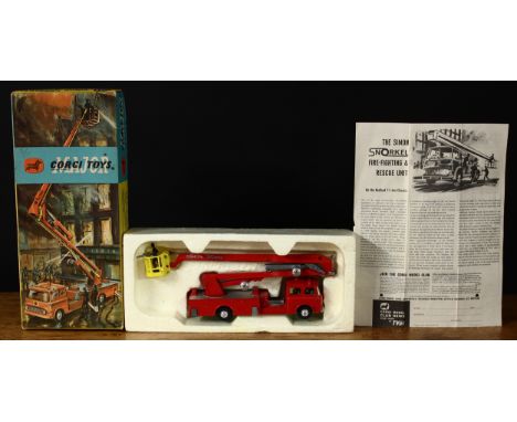 Corgi Major Toys 1127 Simon Snorkel fire engine, red body with yellow plastic cage attached to boom, plastic fireman figure, 