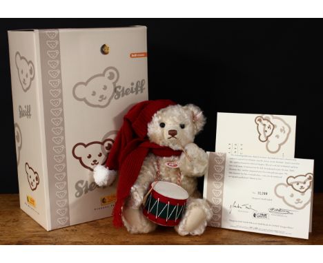 Steiff (Germany) EAN 037368 The Little Drummer Boy teddy bear, trademark Steiff button to ear with red and white tag, 30cm hi