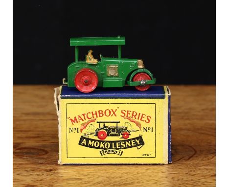 Matchbox Moko Lesney 'Regular Wheels' issue No.1a Aveling Barford Diesel Road Roller, dark green body with cast seated tan dr