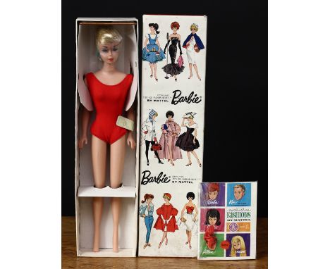 A 1960's Mattel Barbie stock No.850 ponytail fashion doll, ash blonde hair, blue side glancing eyes, wearing a red one piece 