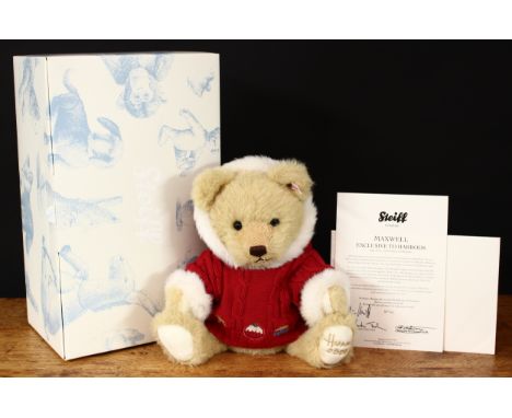 Steiff (Germany) EAN 663802 Maxwell teddy bear, exclusive to Harrods, trademark Steiff button to ear with red and white tag, 