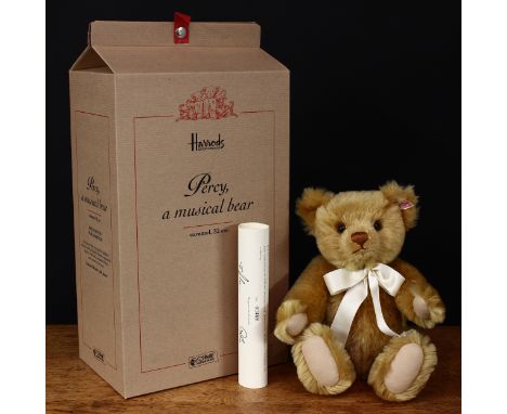 Steiff (Germany) EAN 661211 Percy musical teddy bear, exclusive to Harrods, trademark Steiff button to ear with red and white