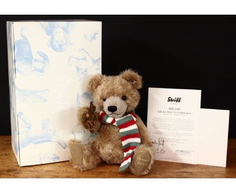 Steiff (Germany) EAN 663833 Archie teddy bear, exclusive to Harrods, trademark Steiff button to ear with red and white tag, 3